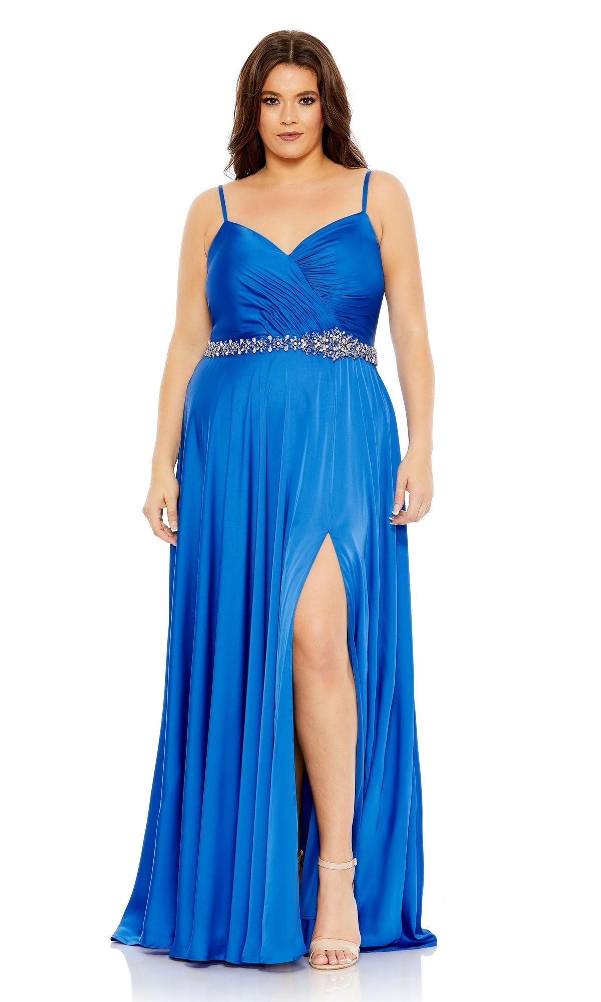 Beaded Belt Faux Wrap A Line Gown (Plus) - Mac Duggal Cobalt / US 24W Beaded Belt Faux Wrap A Line Gown (Plus) - Mac Duggal Cobalt / US 24W
