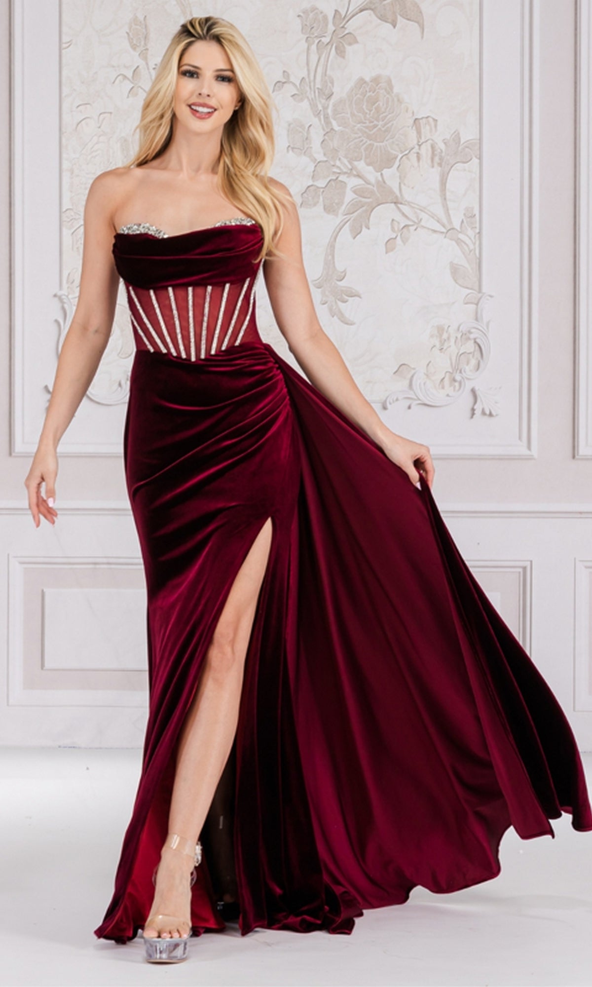 Wine Amelia Couture Long Prom Dress 5051
