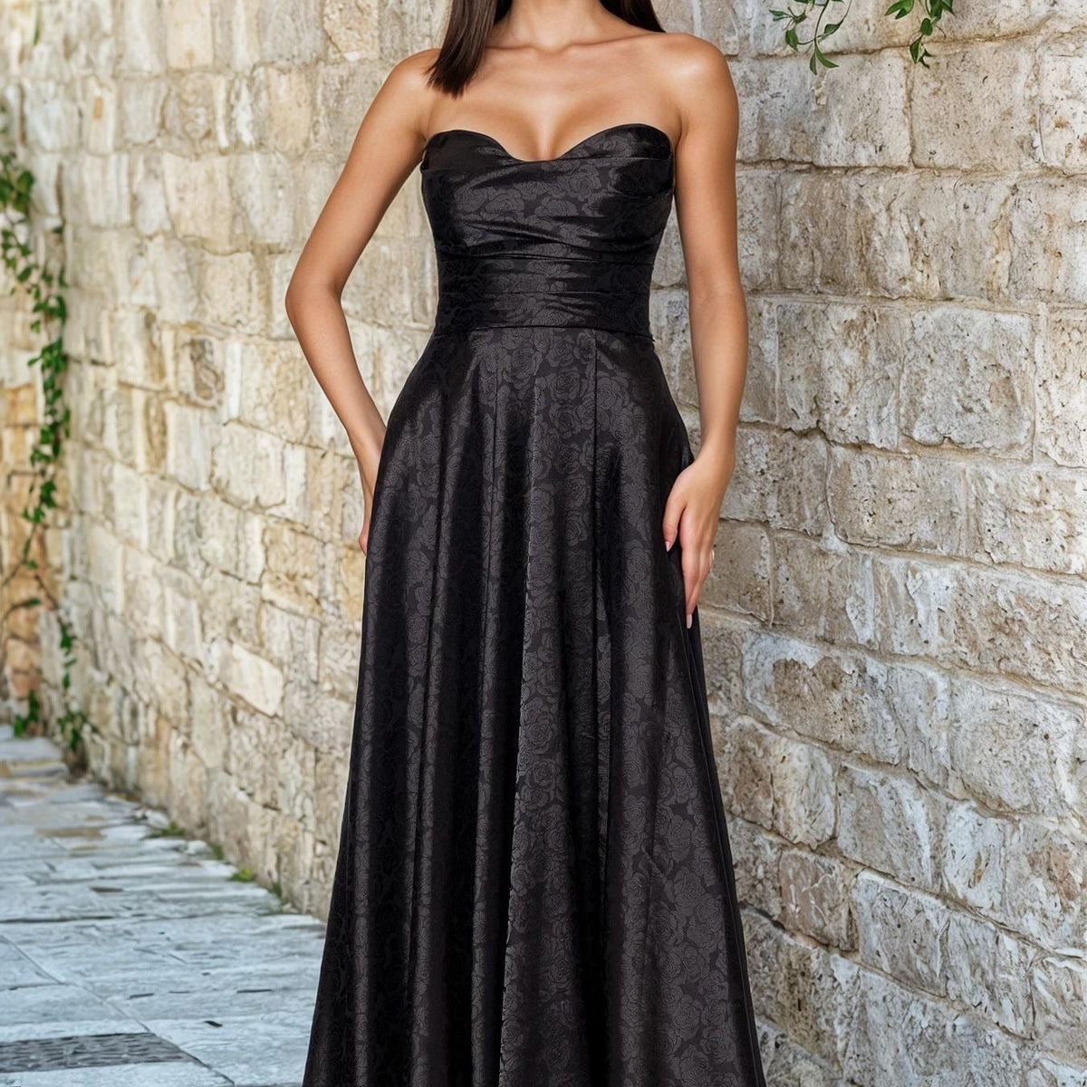 black color wedding dress Sheath Sweetheart Long Satin Prom Dress with Slit, Black / 18 main image 1