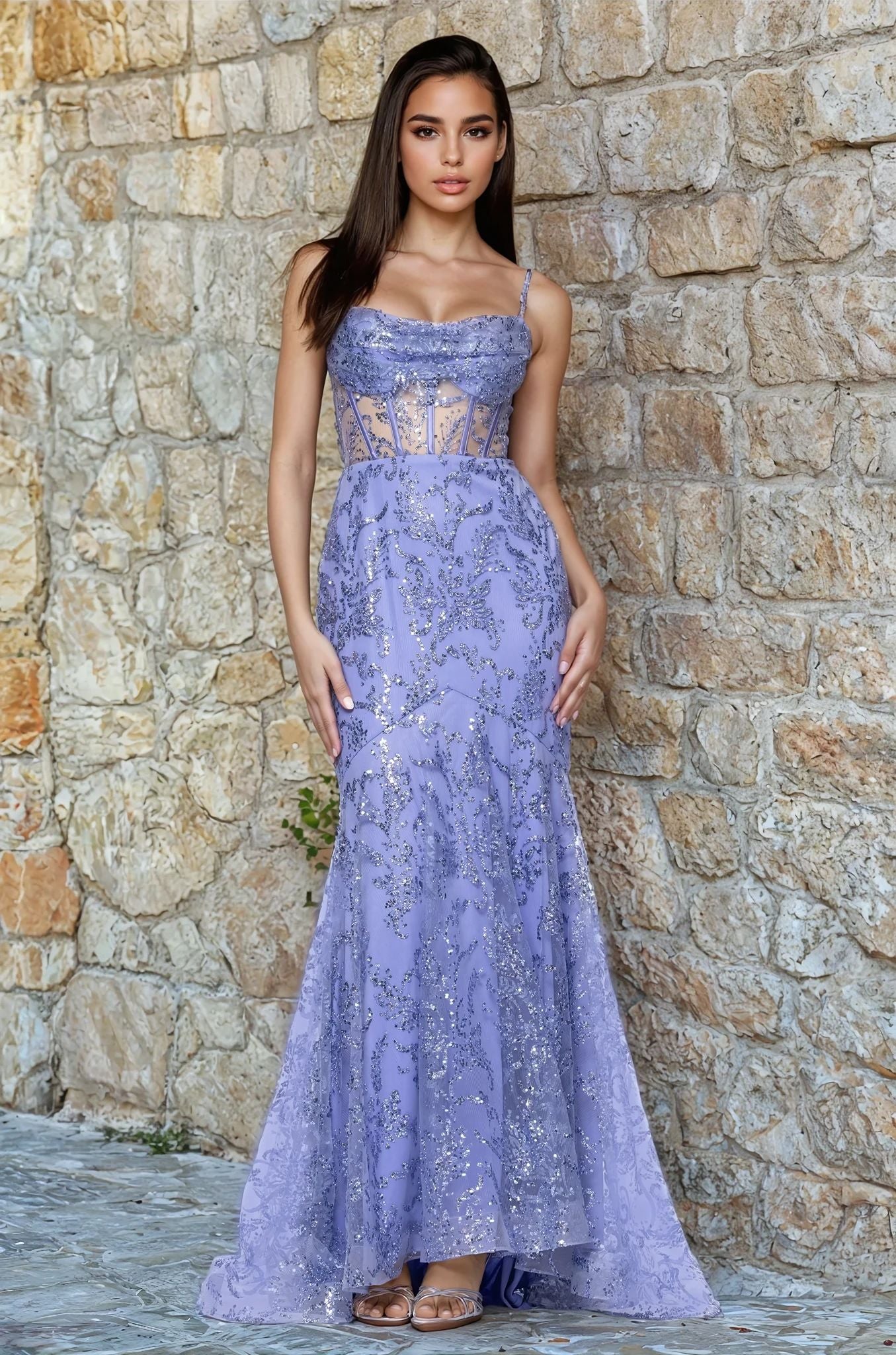 formal periwinkle dress Periwinkle Strapless Sequin Prom Dress with Appliques – FancyVestido main image 1