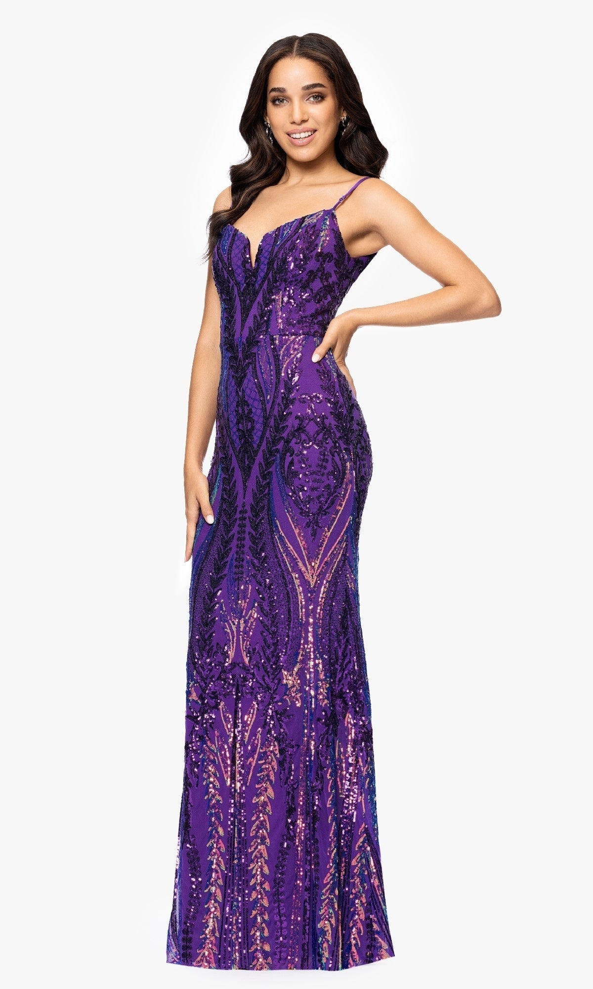 blondie nites purple dress Lulu V-Neck Sequin Pattern Floor Length Dress