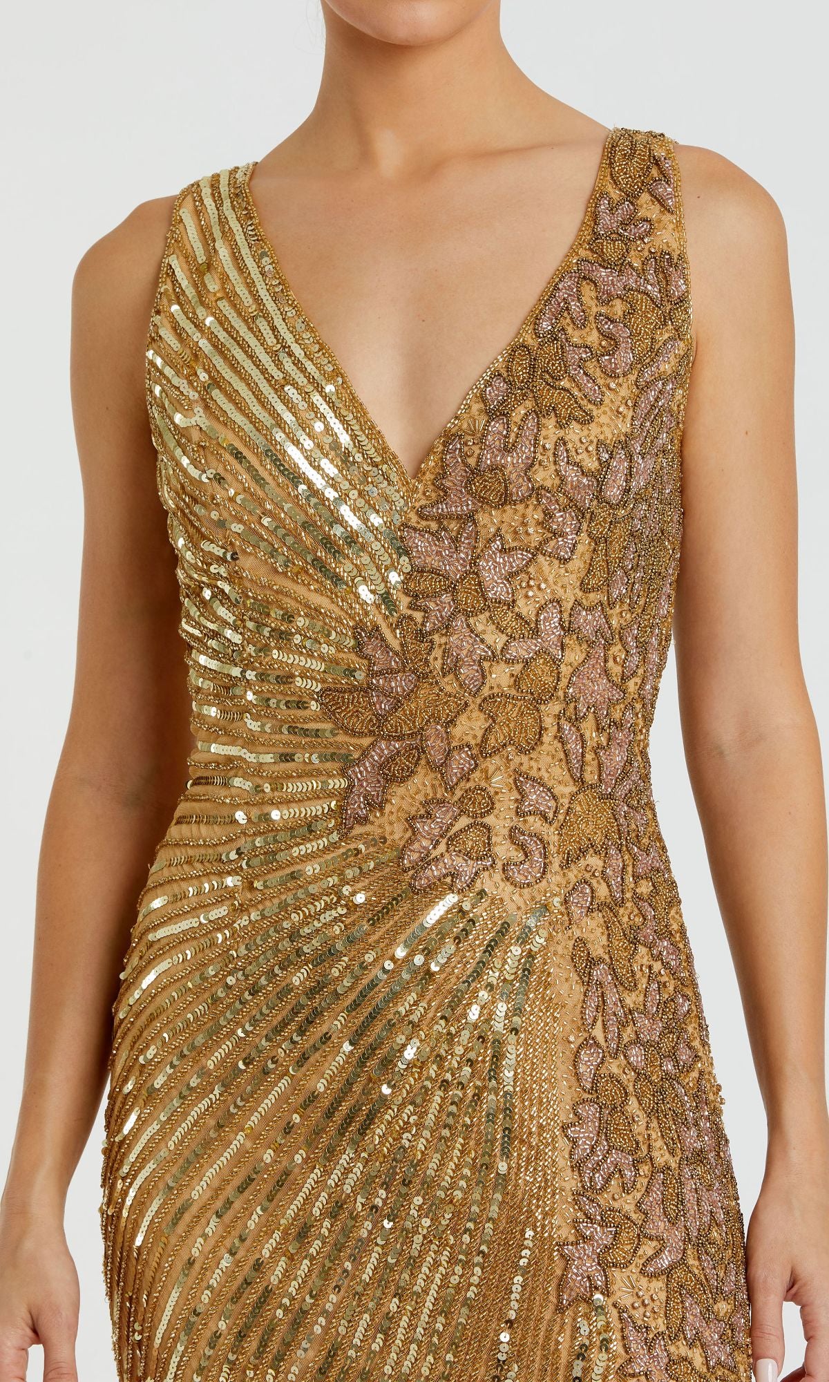 mac duggal gold sequin dress Sequined V Neck Illusion Sleeve A Line Gown Complete with a smooth floor Mac Duggal - 10789 |
