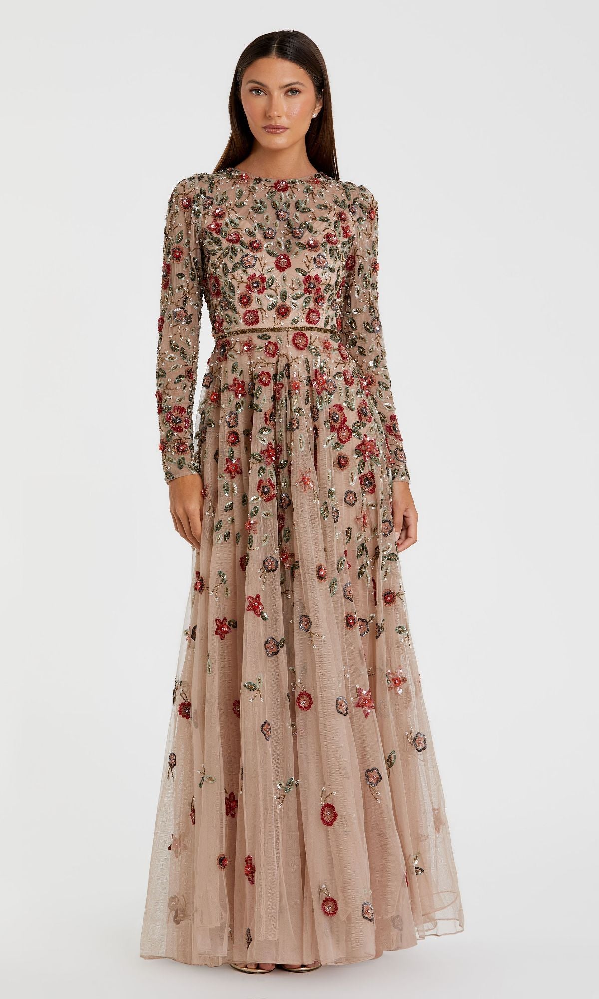 Navy Embellished High Neck Long Sleeve A Line Gown Navy Embellished High Neck Long Sleeve A Line Gown