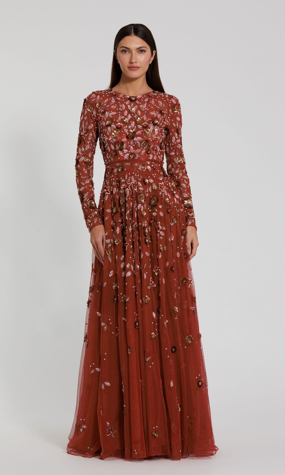mac duggal long sleeve dress Shimmering Pleated A-Line 3/4 Gown - Black while the multi Navy Embellished High Neck Long