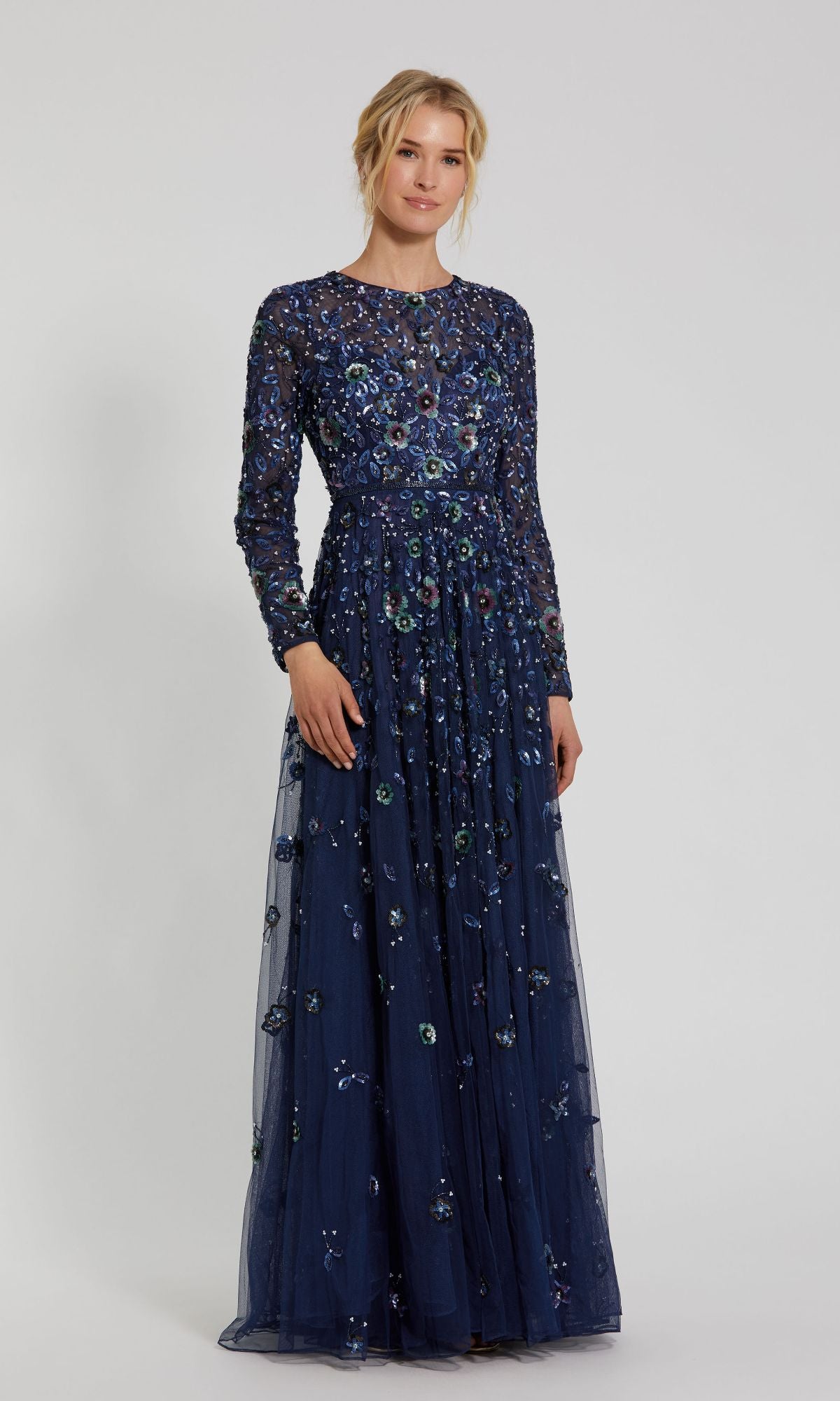 Navy Embellished High Neck Long Sleeve A Line Gown Navy Embellished High Neck Long Sleeve A Line Gown