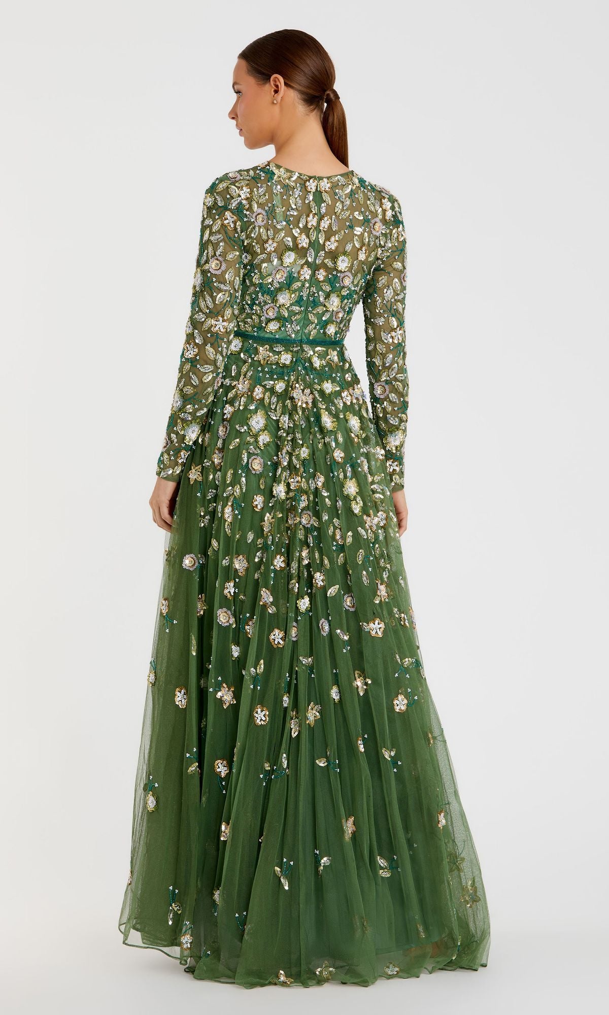 mac duggal gowns & formal dresses Beige Floral Embroidered Evening Gown The cap sleeve on one shoulder adds a touch of elegance Long Sleeve Formal Dress A