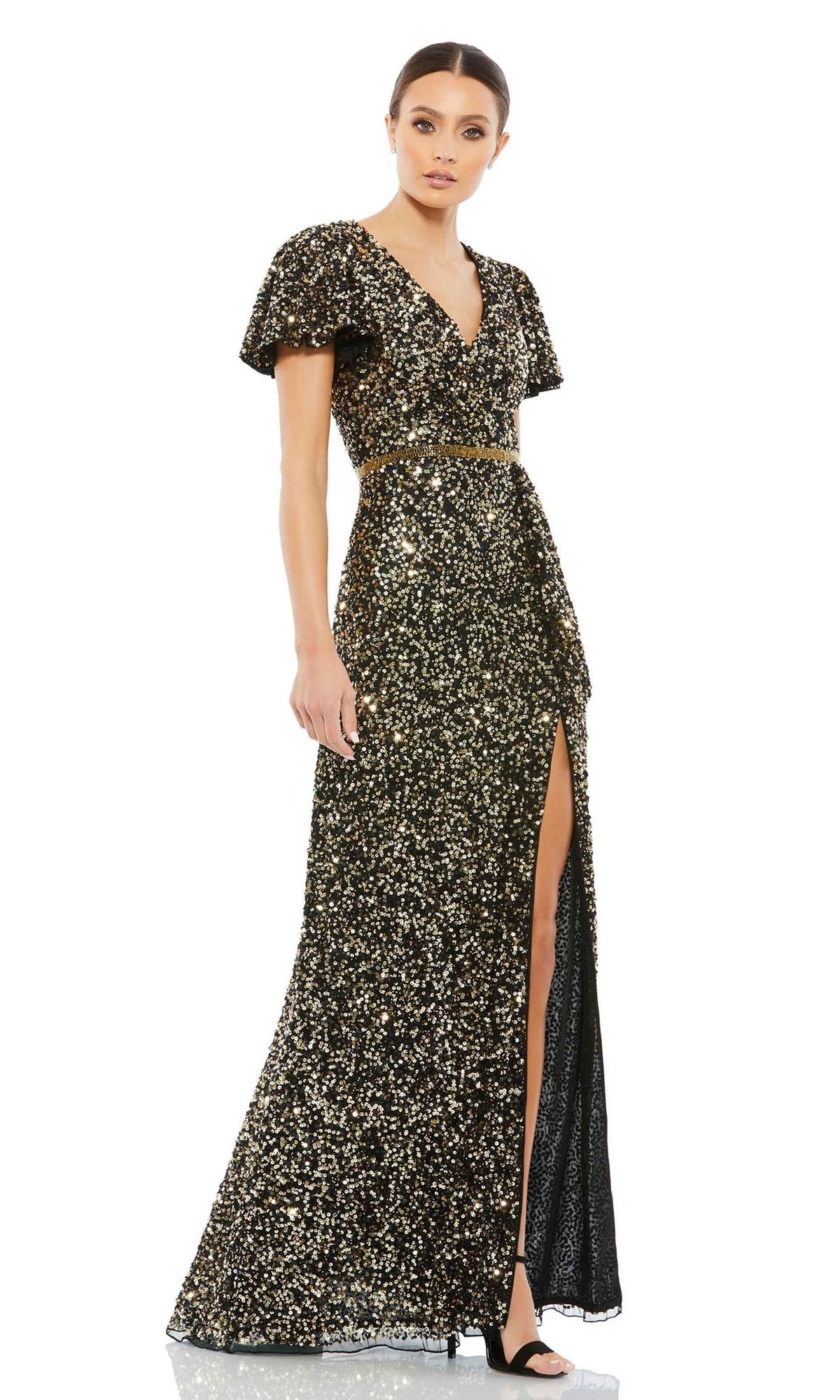 mac duggal black and gold dress Black High Neck Beaded Fringe Fitted Gown