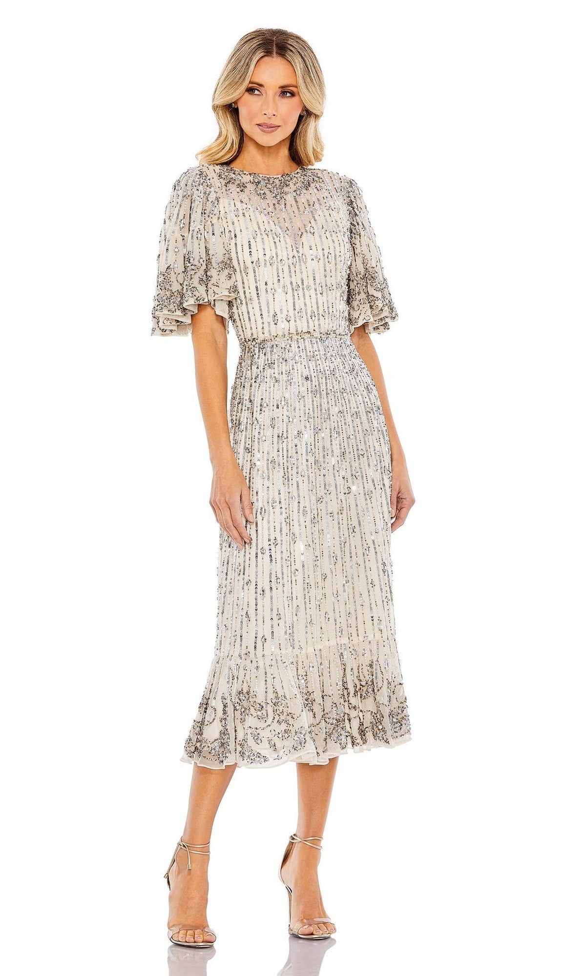 Silver Flounce Sleeve Midi Dress - Mac Duggal US 14 Silver Flounce Sleeve Midi Dress - Mac Duggal US 14