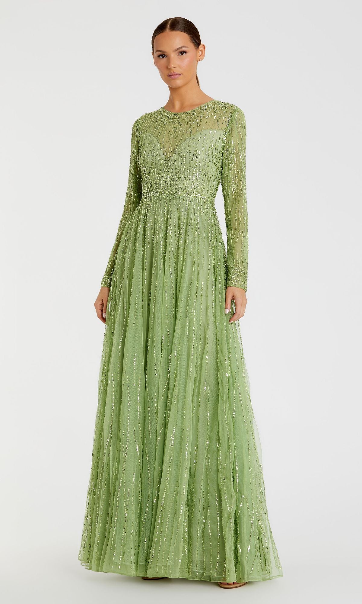Mac Duggal Sequined Long-Sleeve Illusion Gown - Sage Mac Duggal Sequined Long-Sleeve Illusion Gown - Sage