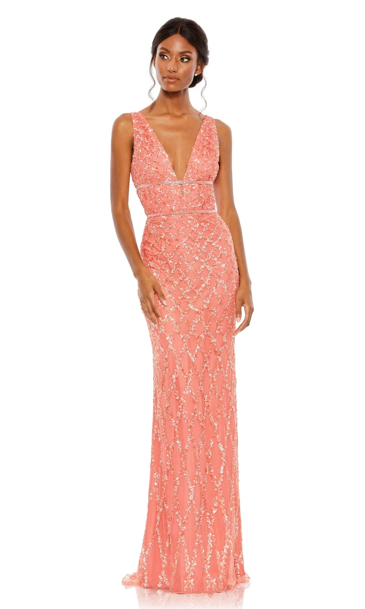 Mac Duggal Embellished V-Neck Column Gown - Coral Mac Duggal Embellished V-Neck Column Gown - Coral