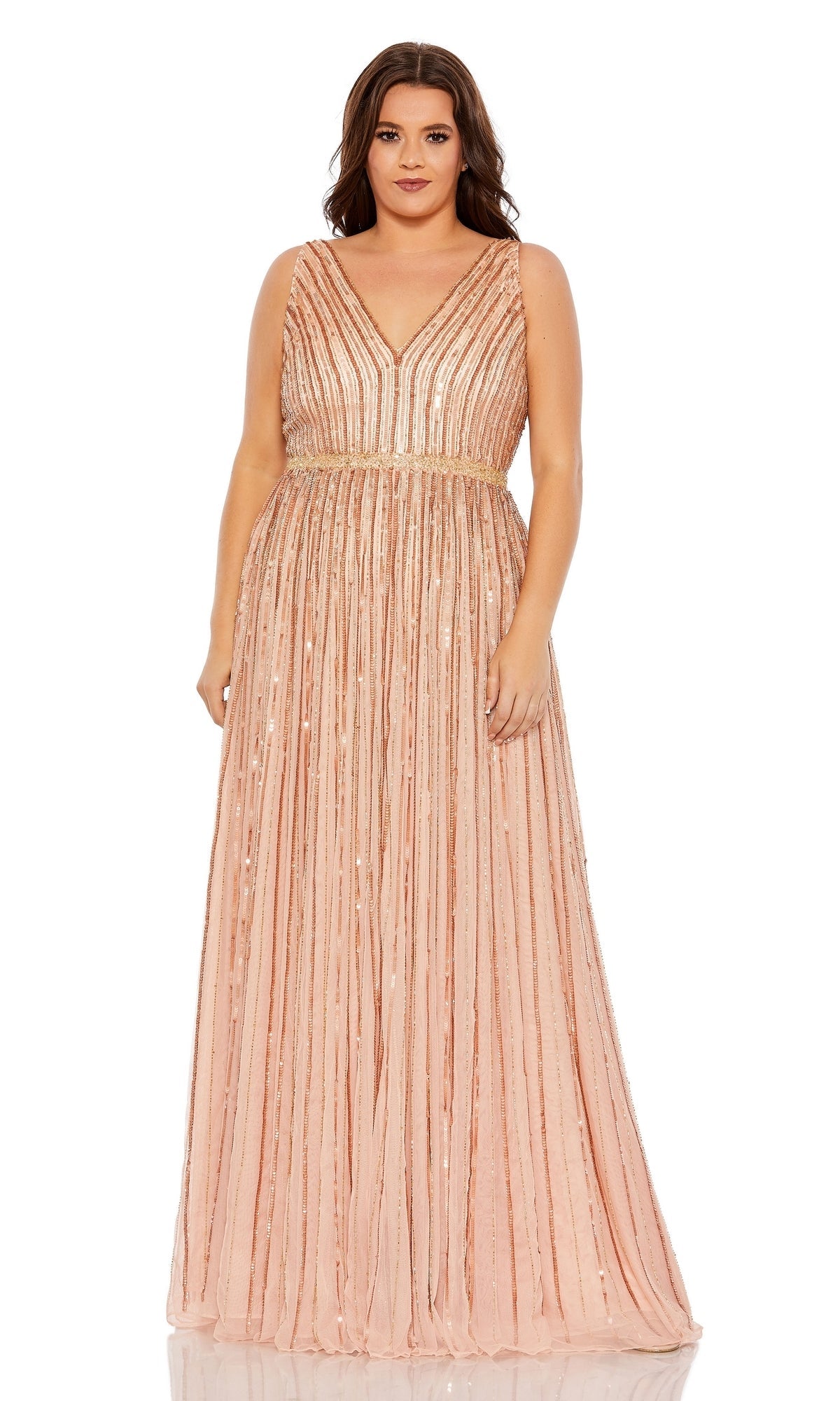 Mac Duggal - Pink Sequined Striped Sleeveless V Neck A Line Gown (Plus) - US 18W Mac Duggal - Pink Sequined Striped Sleeveless V Neck A Line Gown (Plus) - US 18W