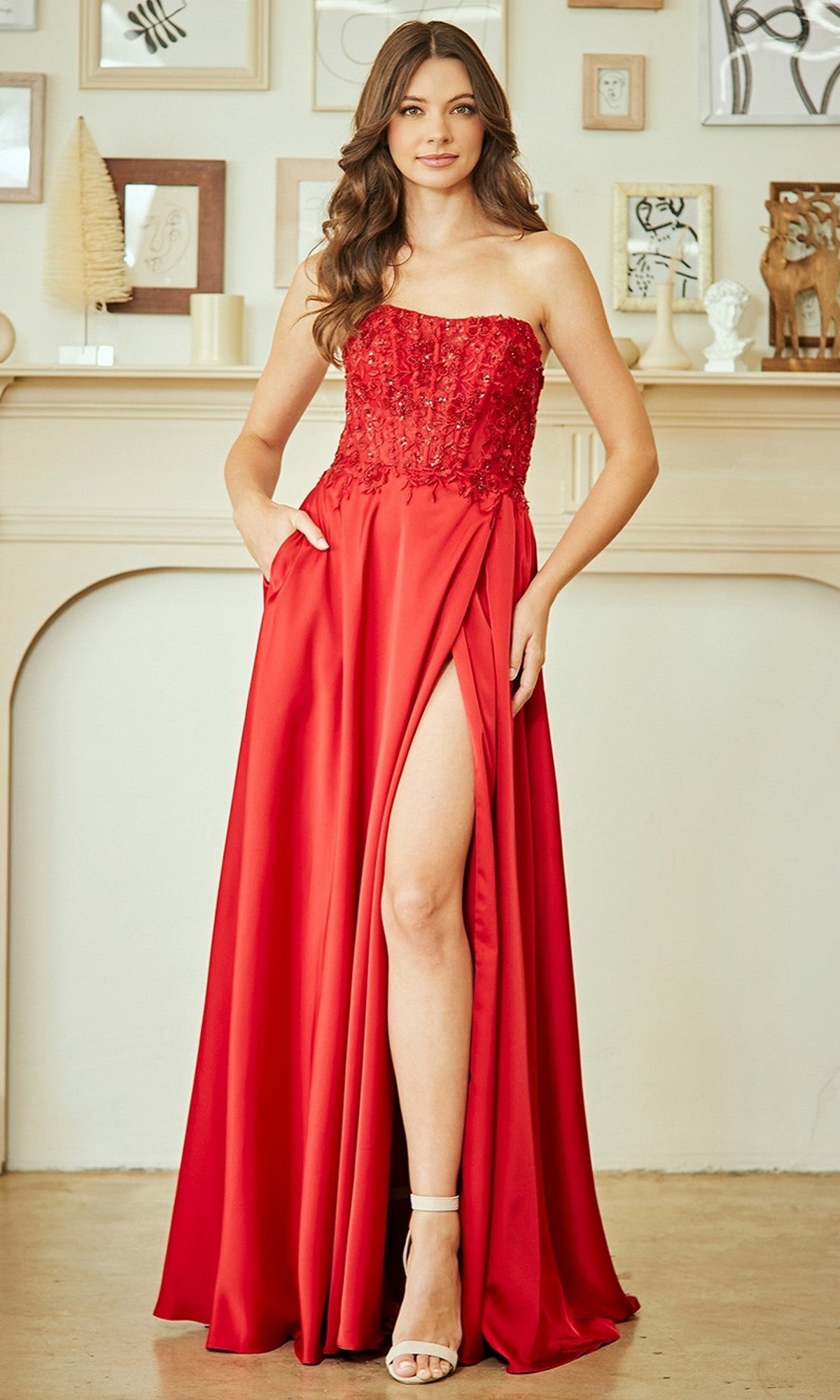 Red Amelia Couture Long Prom Dress 6204