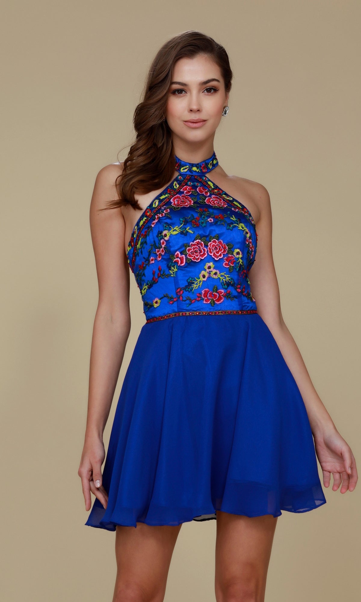 Royal Short Homecoming Dress with Embroidered Halter