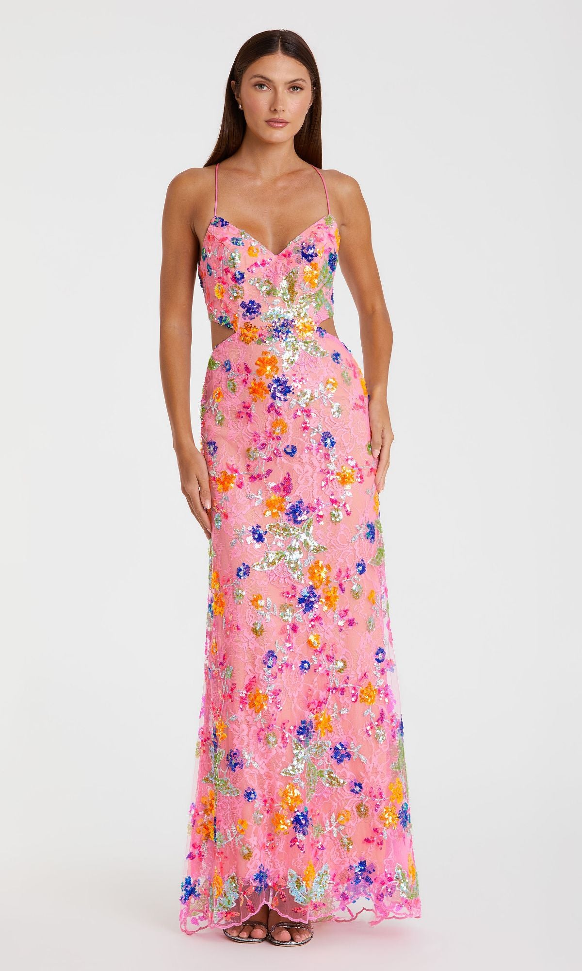 Mac Duggal - Pink Embellished Lace Strappy Column Gown - Pink Multi / US 10 Mac Duggal - Pink Embellished Lace Strappy Column Gown - Pink Multi / US 10