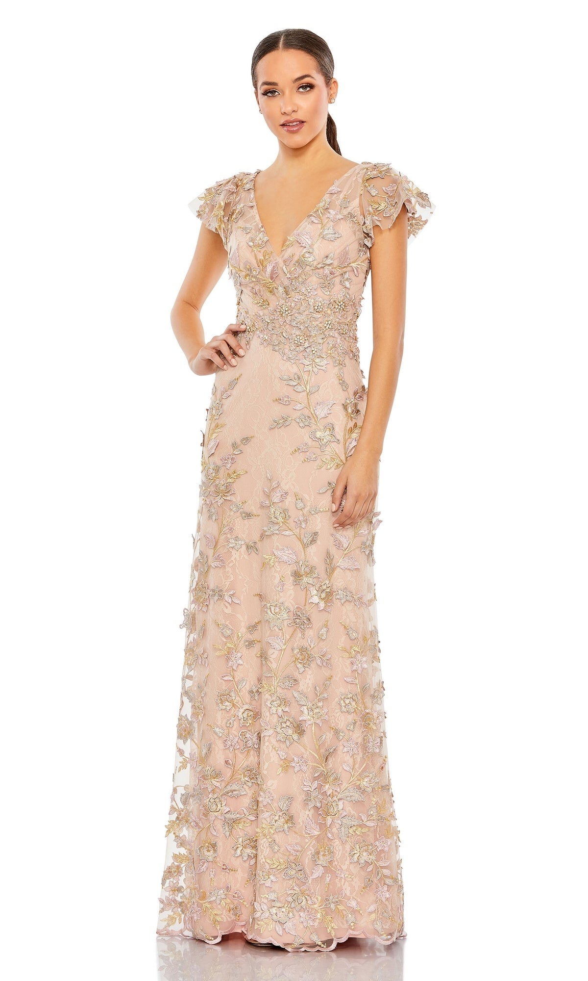 Mac Duggal Embroidered Floral Appliqu Flutter Sleeve Gown - Rose Gold Mac Duggal Embroidered Floral Appliqu Flutter Sleeve Gown - Rose Gold