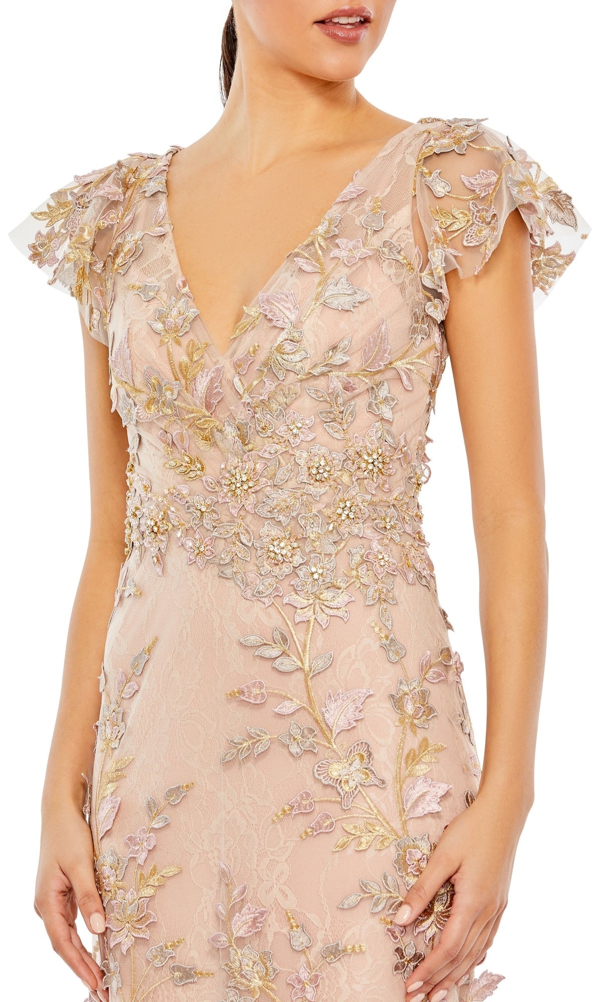 Mac Duggal Embroidered Floral Appliqu Flutter Sleeve Gown - Rose Gold Mac Duggal Embroidered Floral Appliqu Flutter Sleeve Gown - Rose Gold