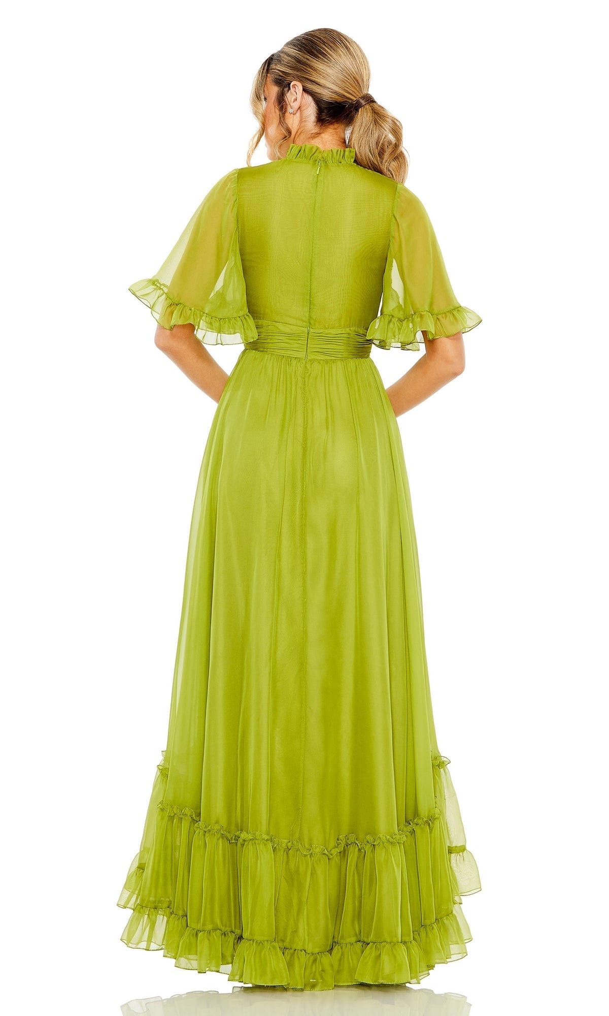 Mac Duggal Ruffled High-Neck Flutter-Sleeve High-Low Gown, Size 6, Sapphire Mac Duggal Ruffled High-Neck Flutter-Sleeve High-Low Gown, Size 6, Sapphire