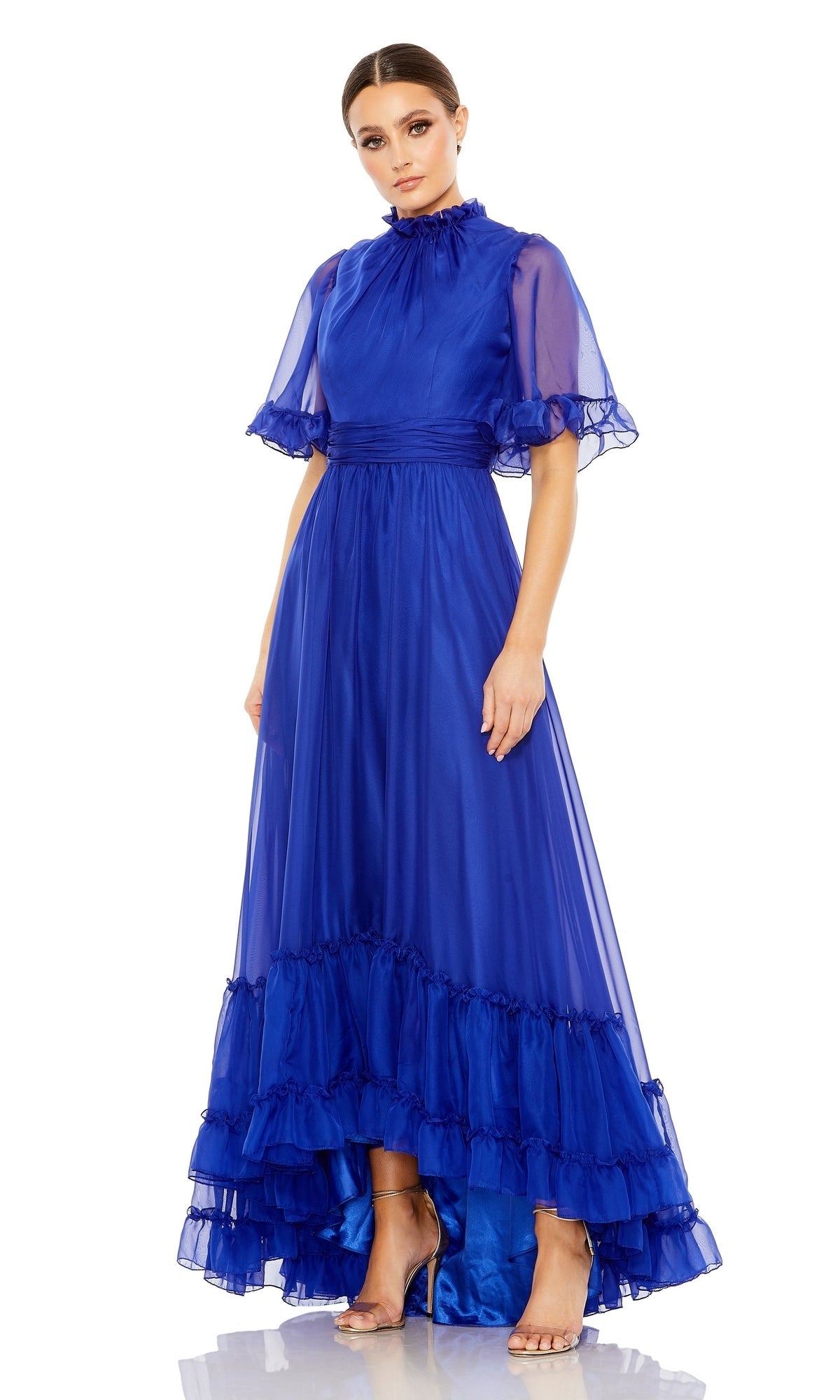 Mac Duggal Ruffled High-Neck Flutter-Sleeve High-Low Gown, Size 6, Sapphire Mac Duggal Ruffled High-Neck Flutter-Sleeve High-Low Gown, Size 6, Sapphire