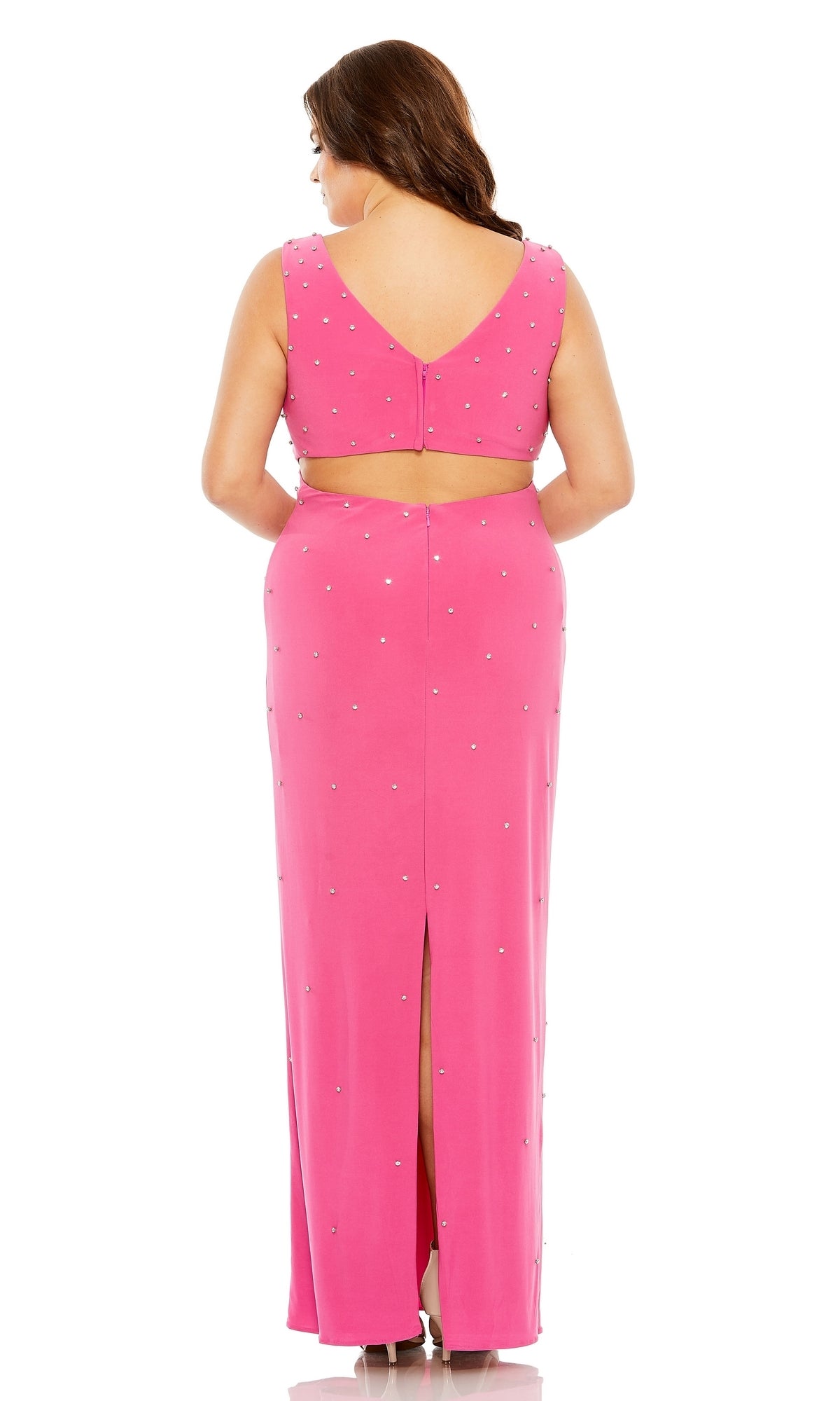 Mac Duggal Plus Size Rhinestone Embellished Open Back Jersey Gown - Hot Pink Mac Duggal Plus Size Rhinestone Embellished Open Back Jersey Gown - Hot Pink