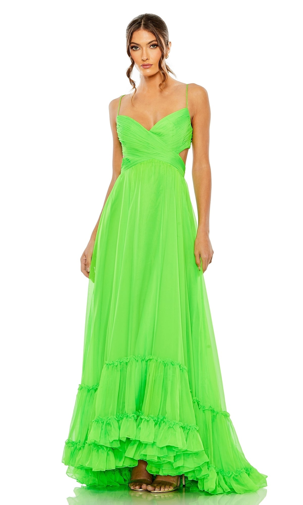Mac Duggal - Green Ruched Tiered Spaghetti Strap Gown - Lime / US 6 Mac Duggal - Green Ruched Tiered Spaghetti Strap Gown - Lime / US 6