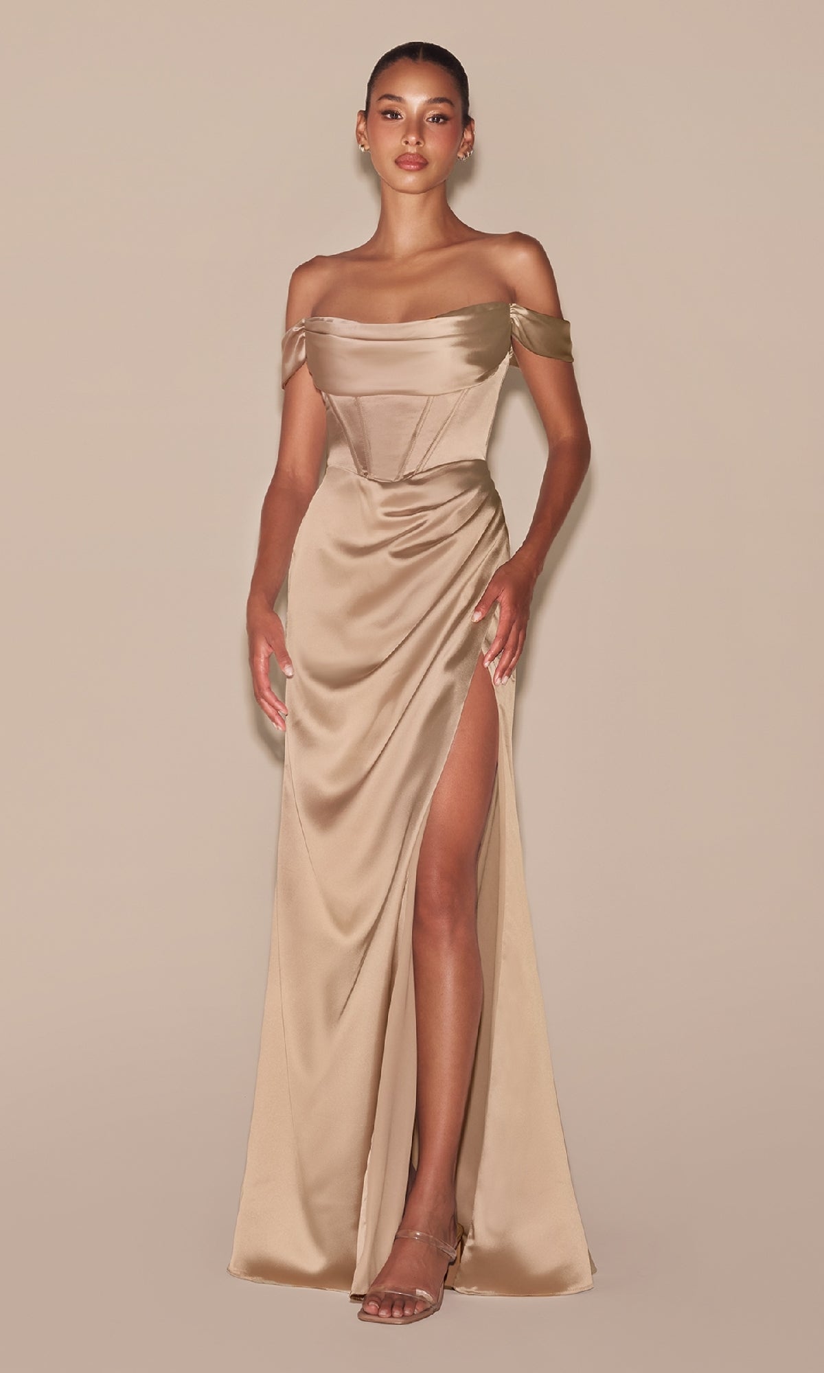 Champagne Ladivine Long Formal Dress 7492-1