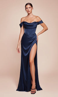 Navy Ladivine Long Formal Dress 7492-1
