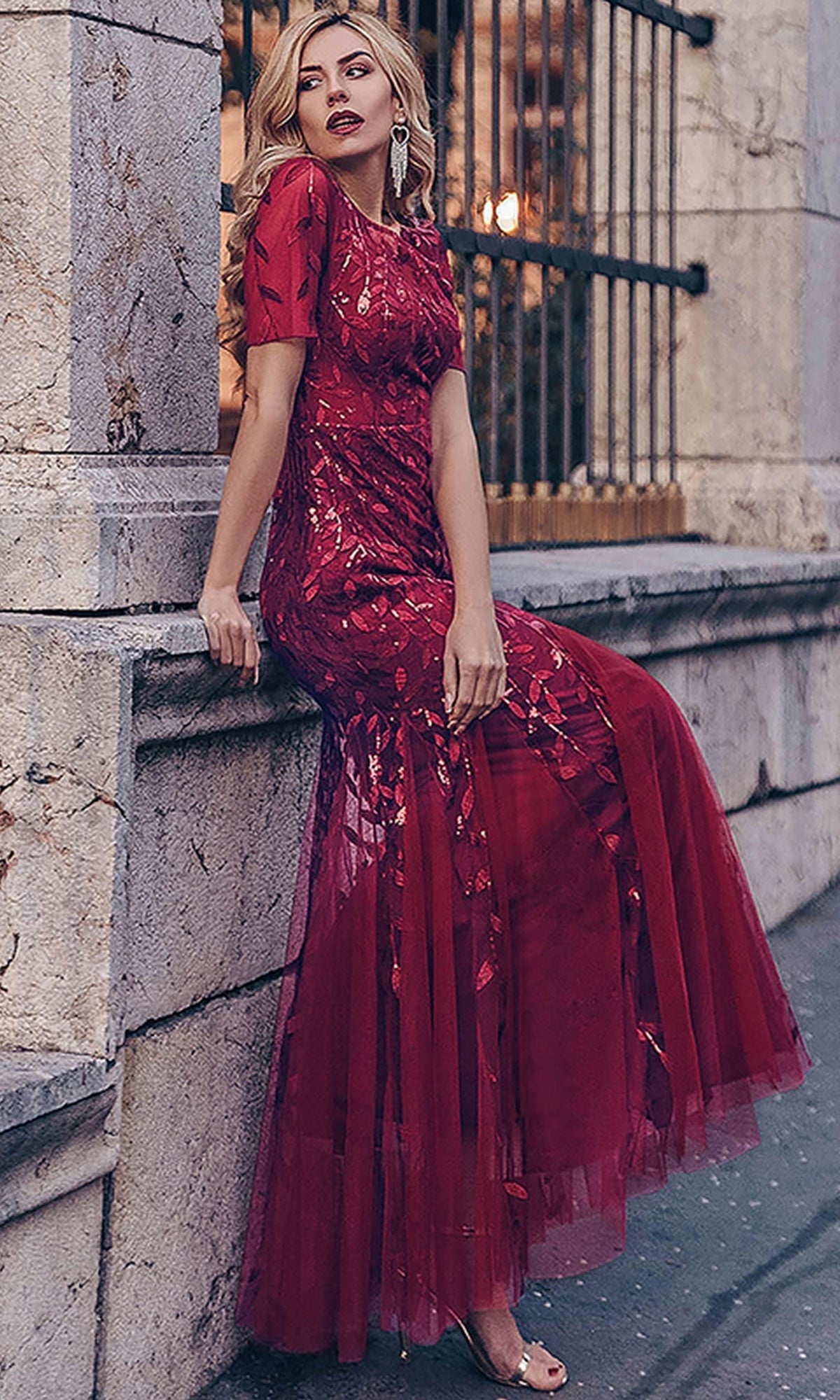 Burgundy Amelia Couture Long Prom Dress 7707