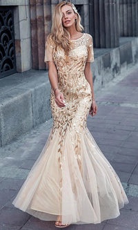 Champagne Amelia Couture Long Prom Dress 7707
