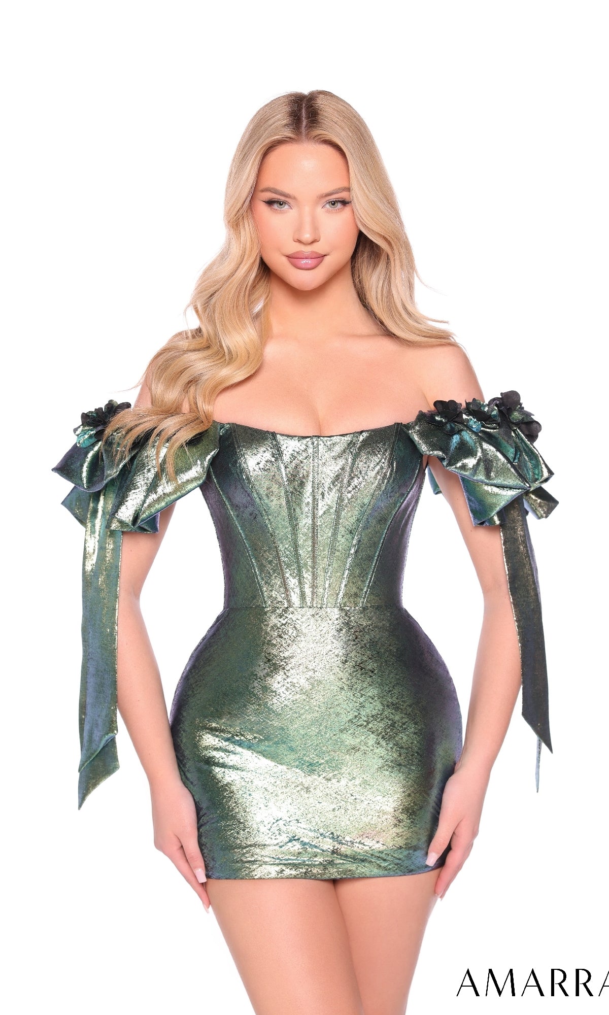 Metallic Bright Green Amarra Short Party Dress 88953