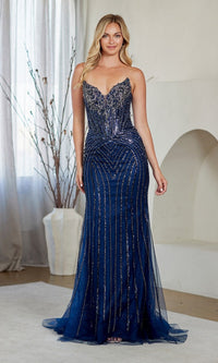 Navy Amelia Couture Long Prom Dress 9095