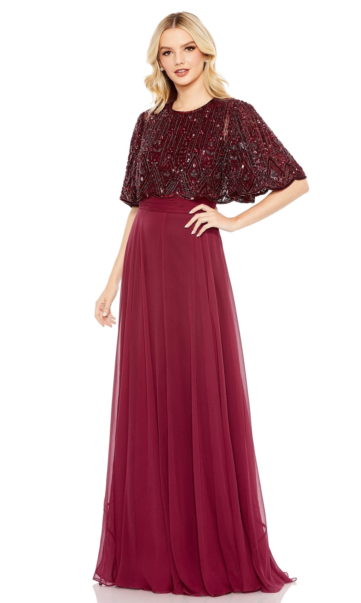 Mac Duggal - Red Beaded Cape A-Line Gown - US 8 Mac Duggal - Red Beaded Cape A-Line Gown - US 8