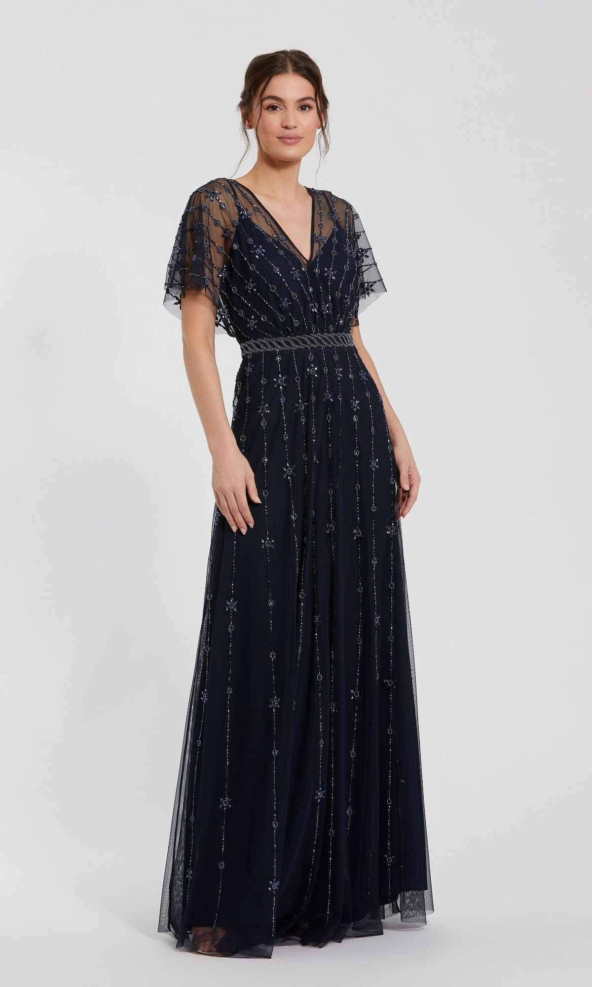 Mac Duggal - Navy V Neck Embellished Flutter Sleeve A Line Gown - US 6 Mac Duggal - Navy V Neck Embellished Flutter Sleeve A Line Gown - US 6