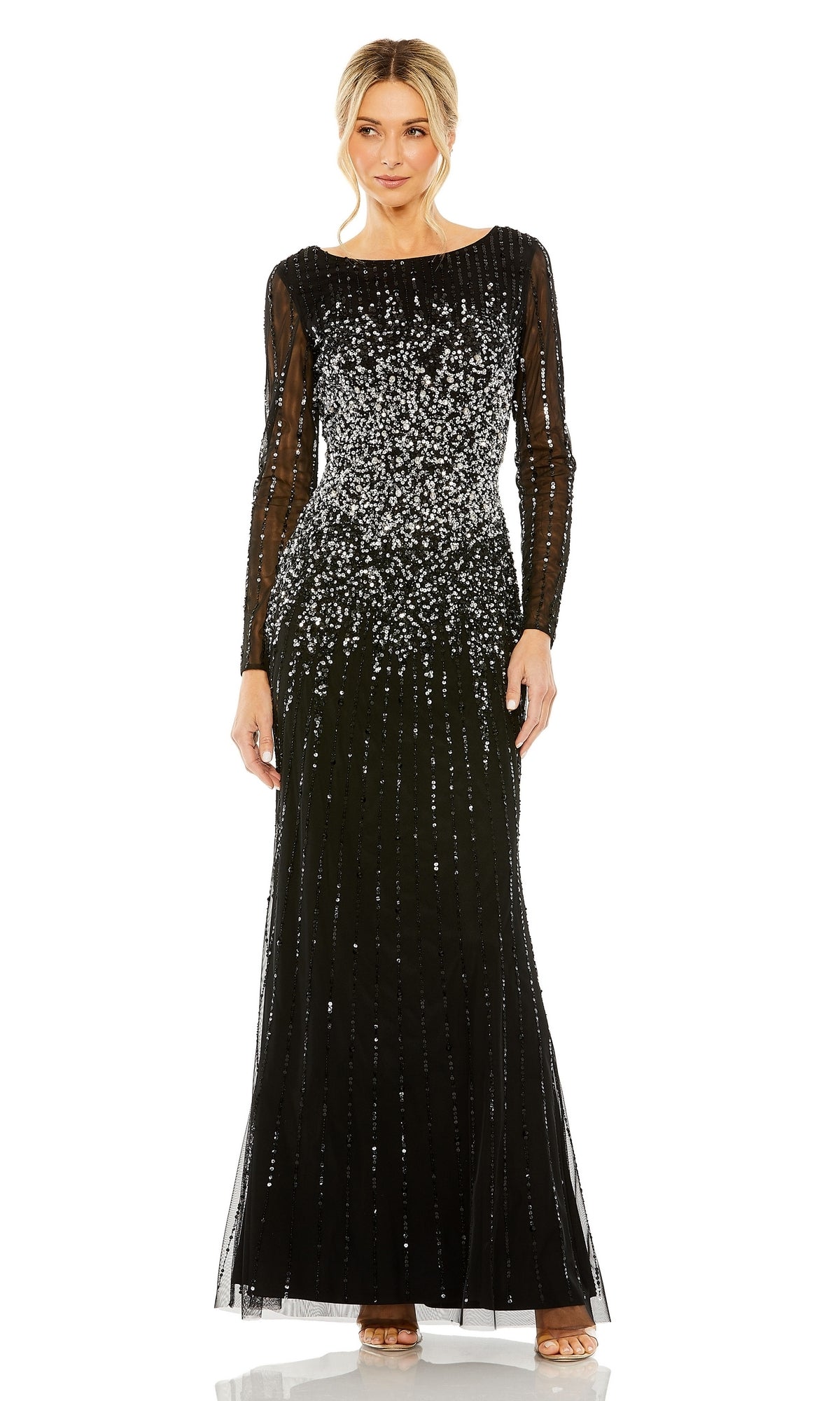 Mac Duggal - Black Boat Neck Sequin Embellished Long Sleeve A Line Gown - US 16 Mac Duggal - Black Boat Neck Sequin Embellished Long Sleeve A Line Gown - US 16