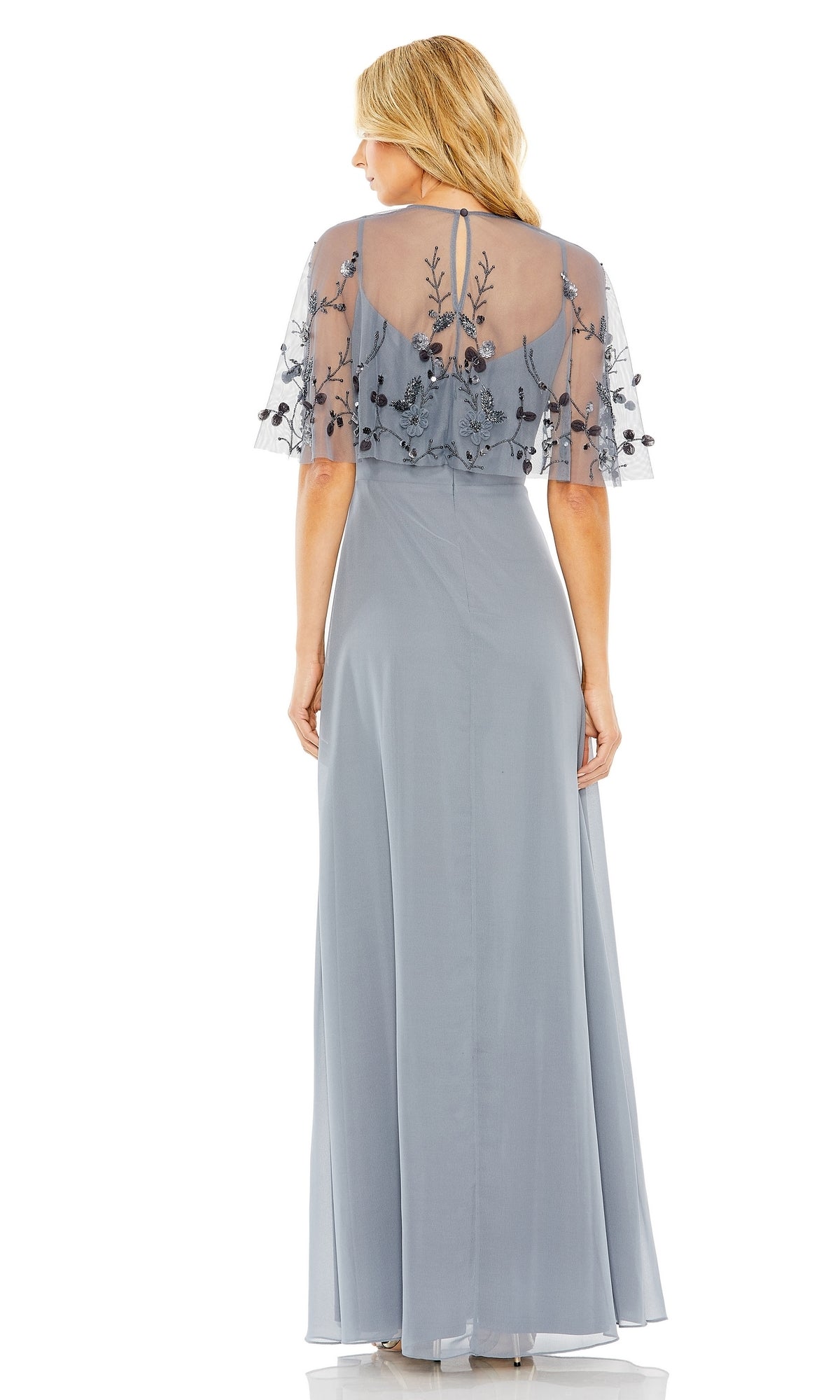 Mac Duggal - Sleeveless Gown With Embellished Cape - Slate Blue Mac Duggal - Sleeveless Gown With Embellished Cape - Slate Blue