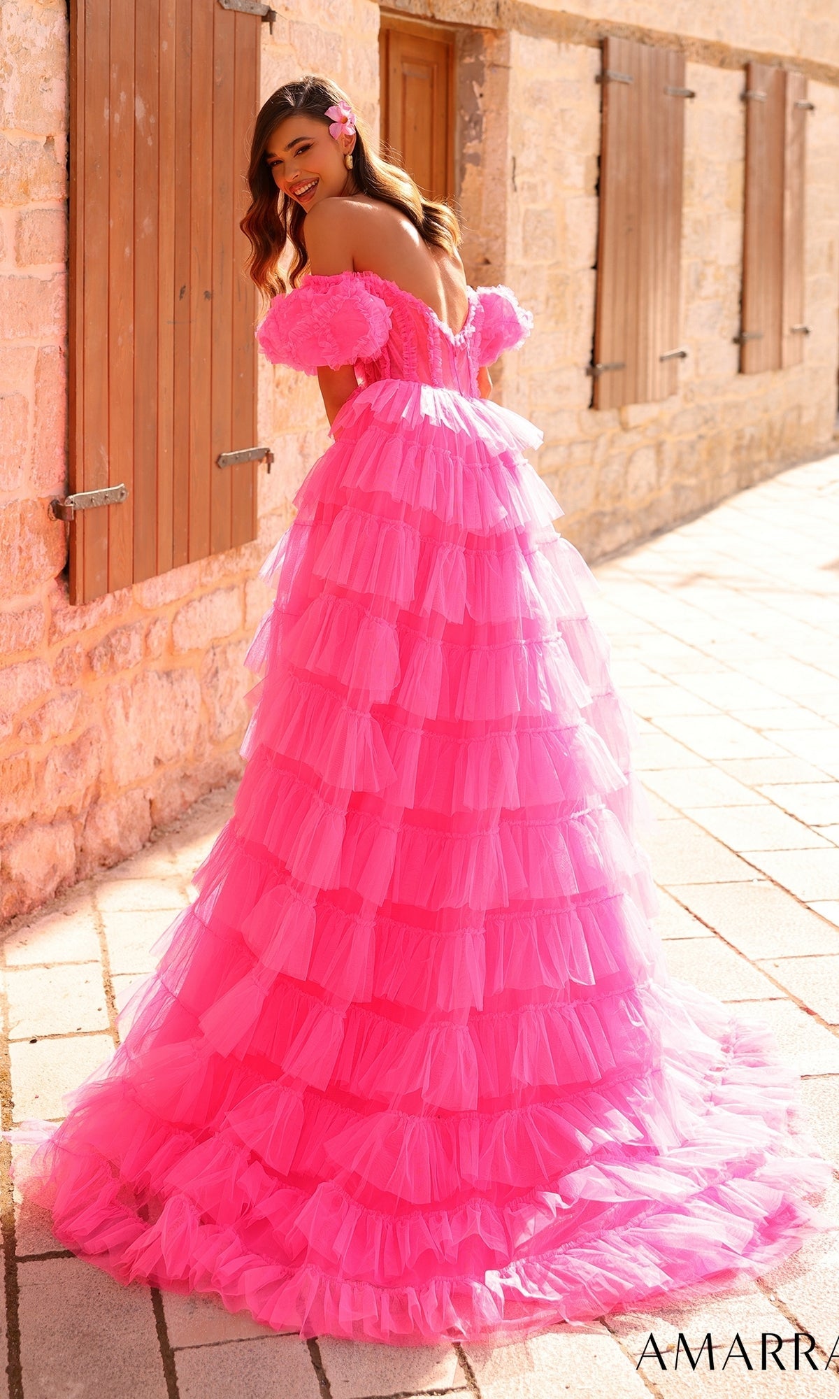 amarra pink dress Off-the-Shoulder Long Prom Dress with Lace-Up Corset PromGirl