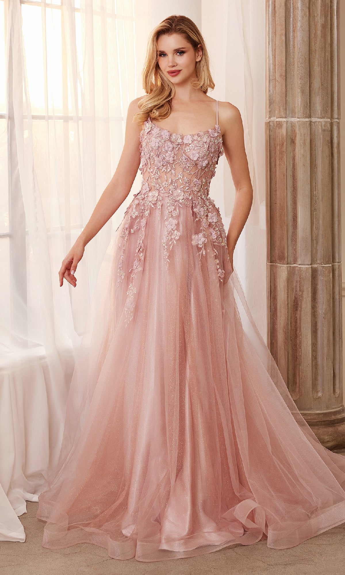 Flower-Embellished Long Tulle Prom Ball Gown A1142 - Dusty Rose / 10 Flower-Embellished Long Tulle Prom Ball Gown A1142 - Dusty Rose / 10