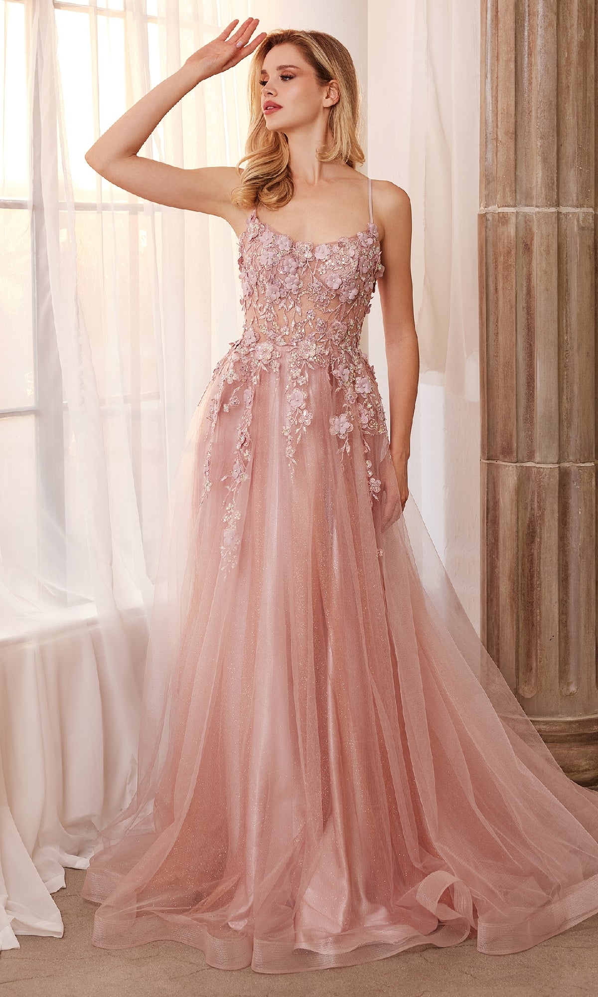 Flower-embellished Long Tulle Prom Ball Gown A1142 - Dusty Rose / 10 Flower-embellished Long Tulle Prom Ball Gown A1142 - Dusty Rose / 10
