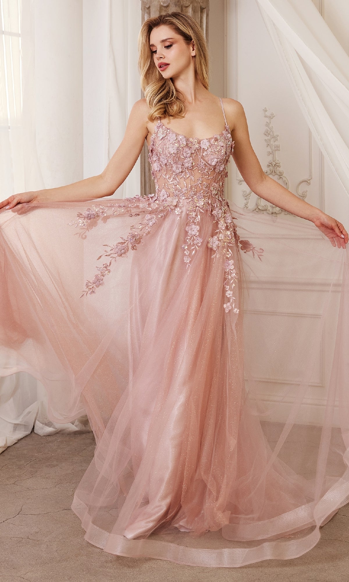 Flower-Embellished Long Tulle Prom Ball Gown A1142 - Dusty Rose / 10 Flower-Embellished Long Tulle Prom Ball Gown A1142 - Dusty Rose / 10