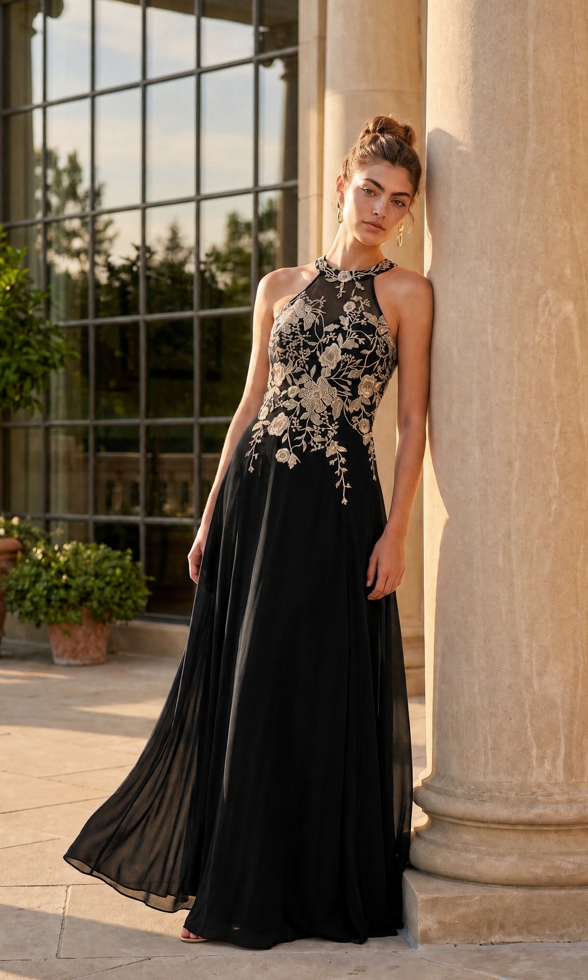 Black/Gold Betsy & Adam Long Formal Dress A23004
