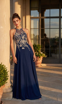 Navy/Gold Betsy & Adam Long Formal Dress A23004