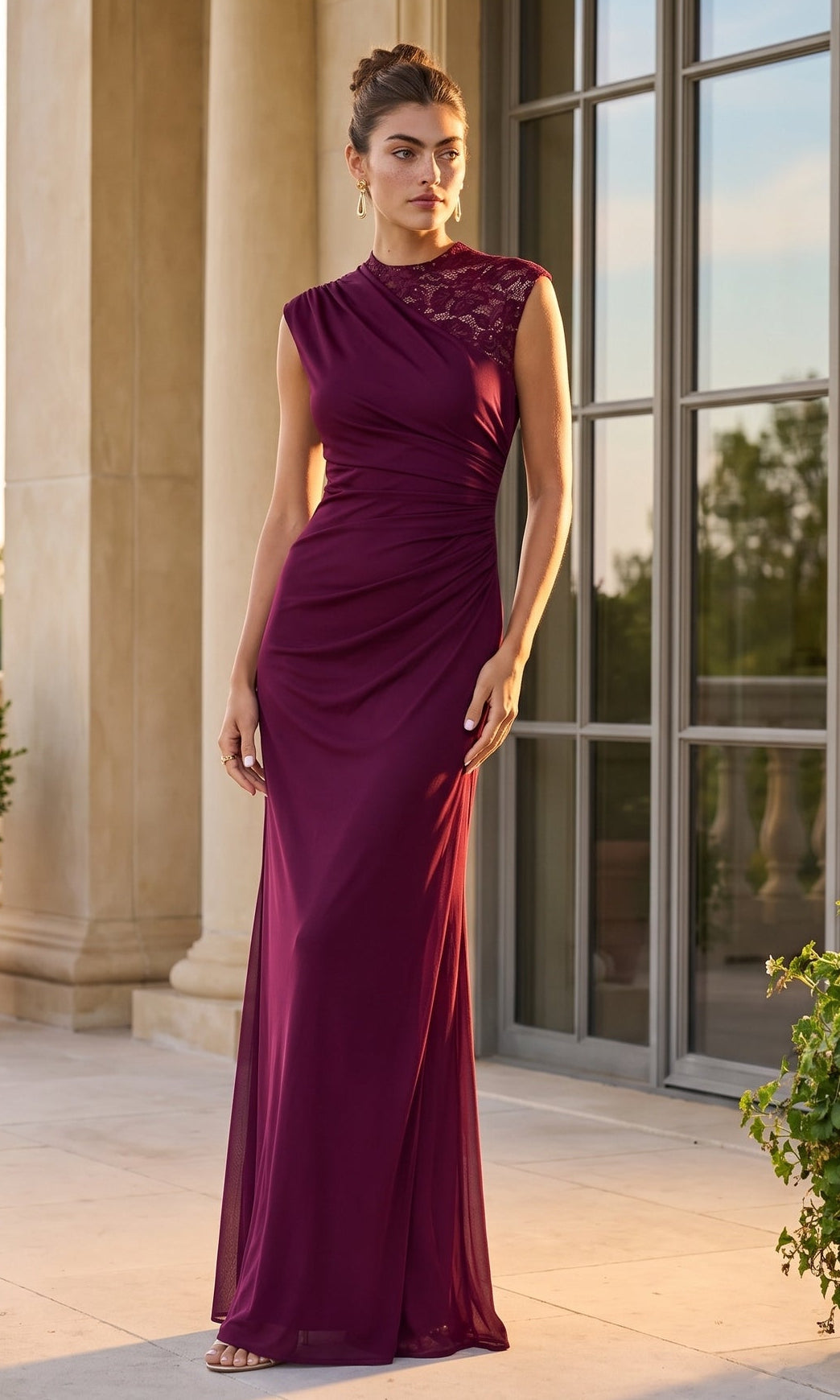 Garnet/Nude Betsy & Adam Long Formal Dress A26945