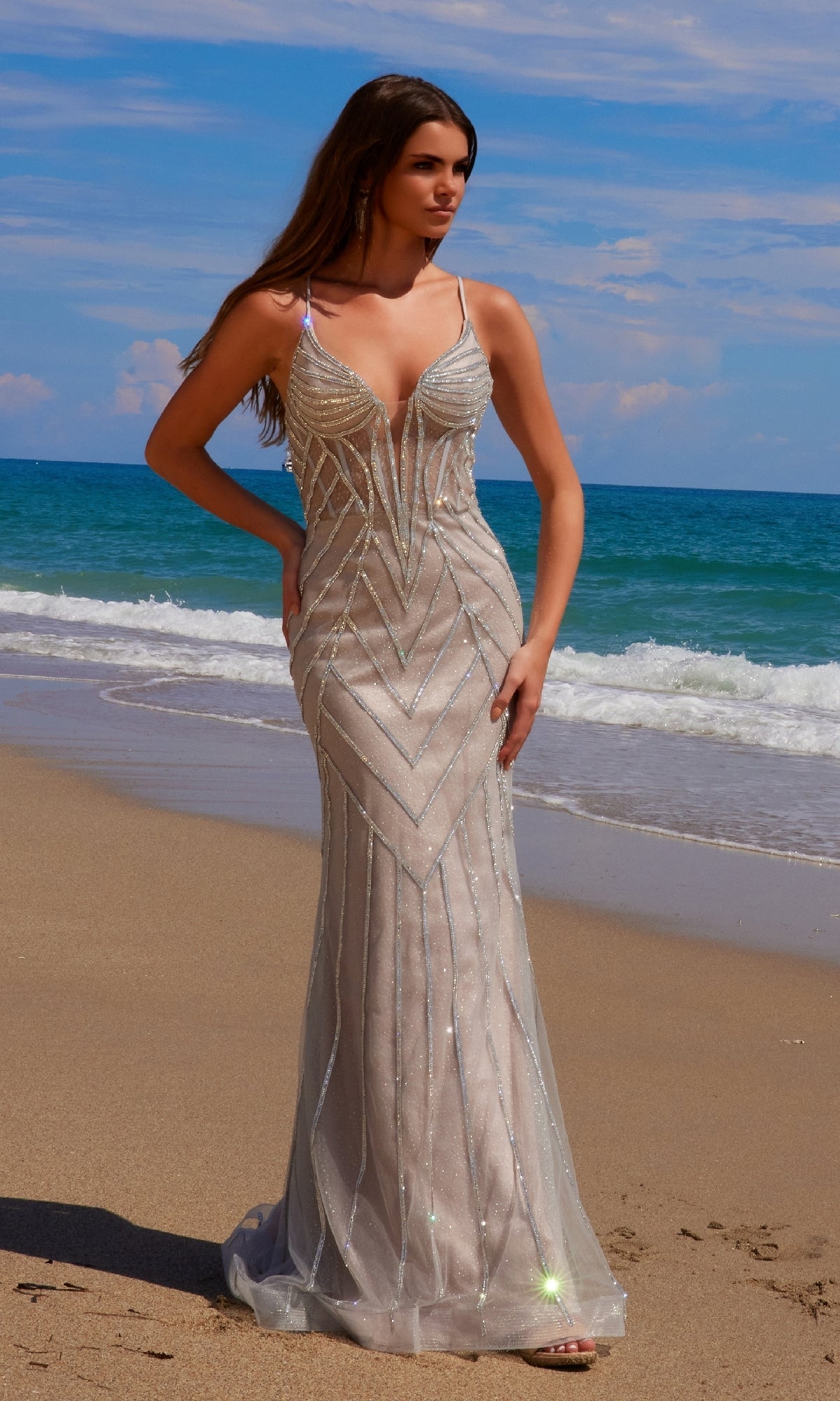 Silver/Nude Nox Anabel Long Prom Dress C1632