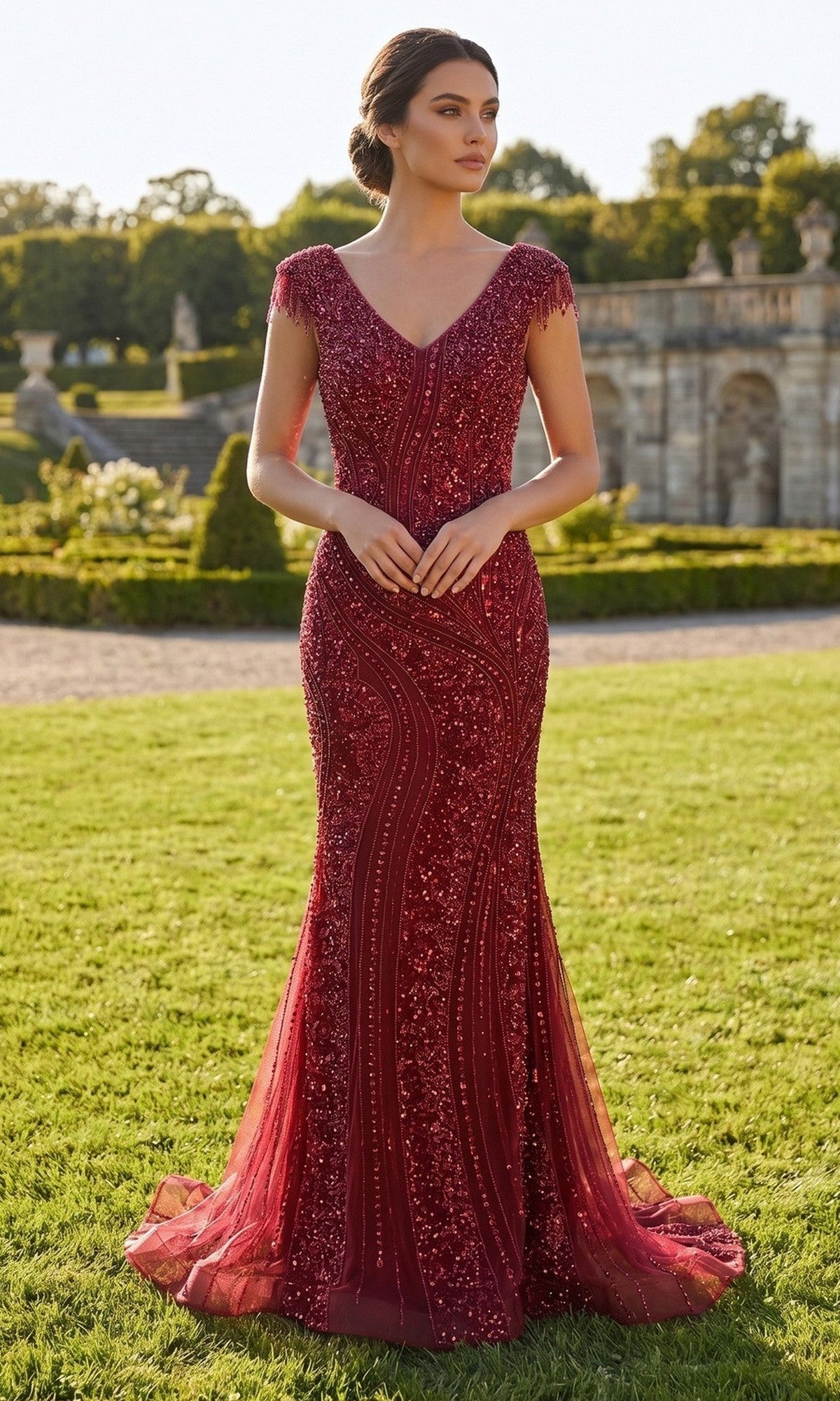 Burgundy Chicas Long Mother of the Bride Dress C389