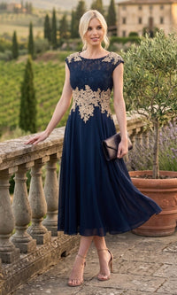 Navy/Gold Chicas Midi Wedding Guest Dress C7542