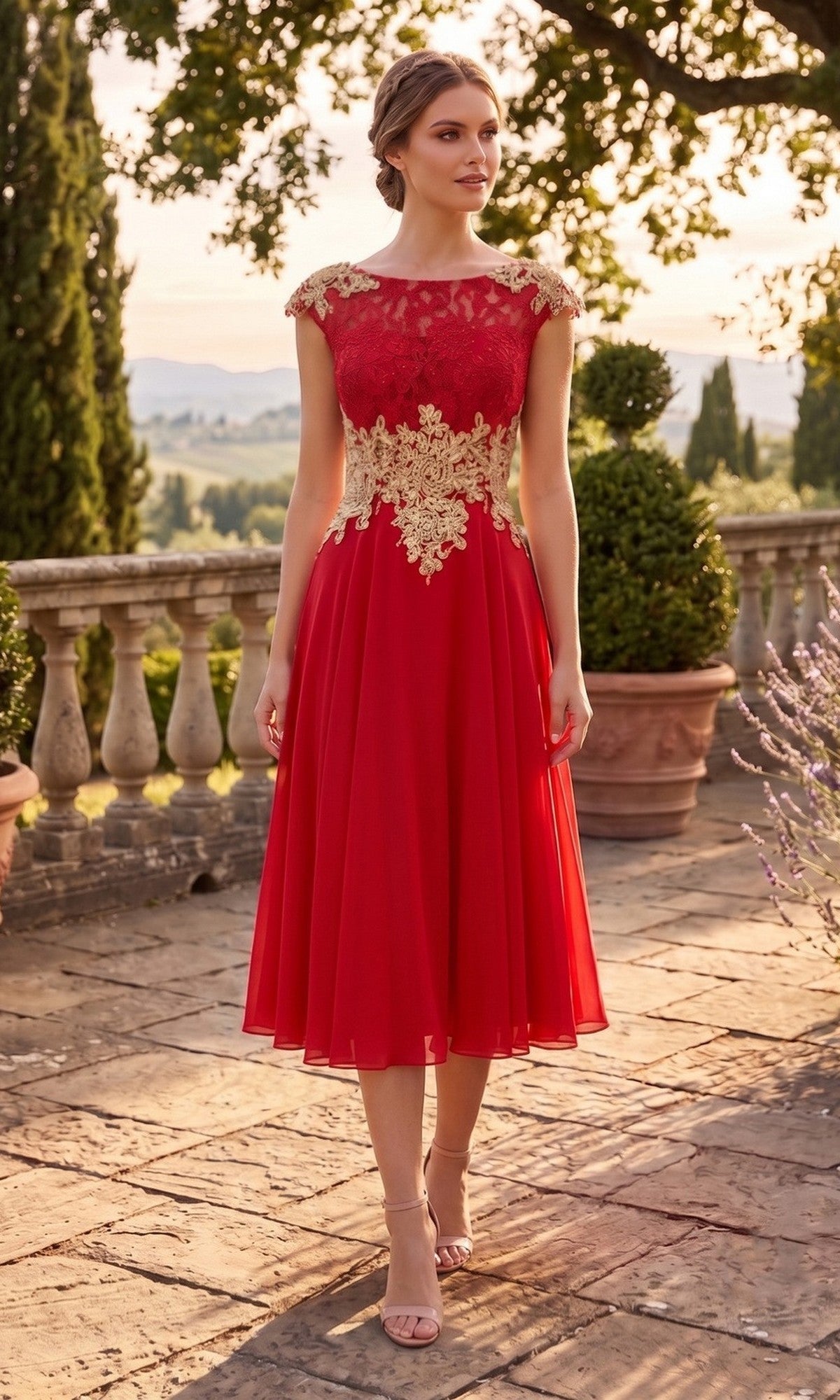 Red/Gold Chicas Midi Wedding Guest Dress C7542