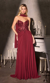 Burgundy Ladivine Long Prom Dress cd673 - Image