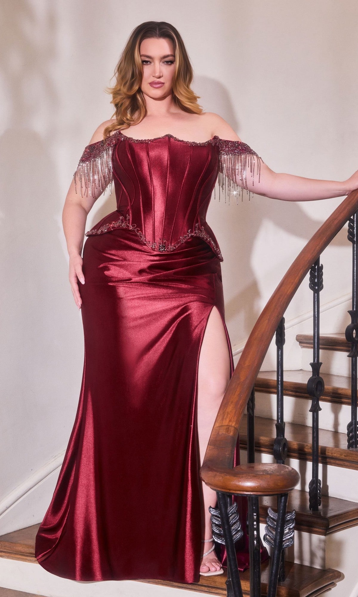 Burgundy Ladivine Long Formal Dress CD688 - Image