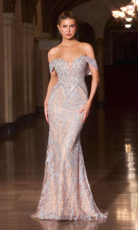 Silver/Nude Ladivine Long Formal Dress CD693 - Image