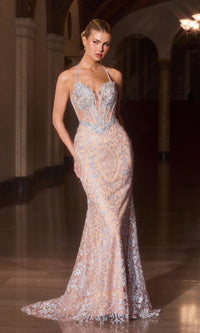 Silver/Nude Ladivine Long Formal Dress CD695 - Image