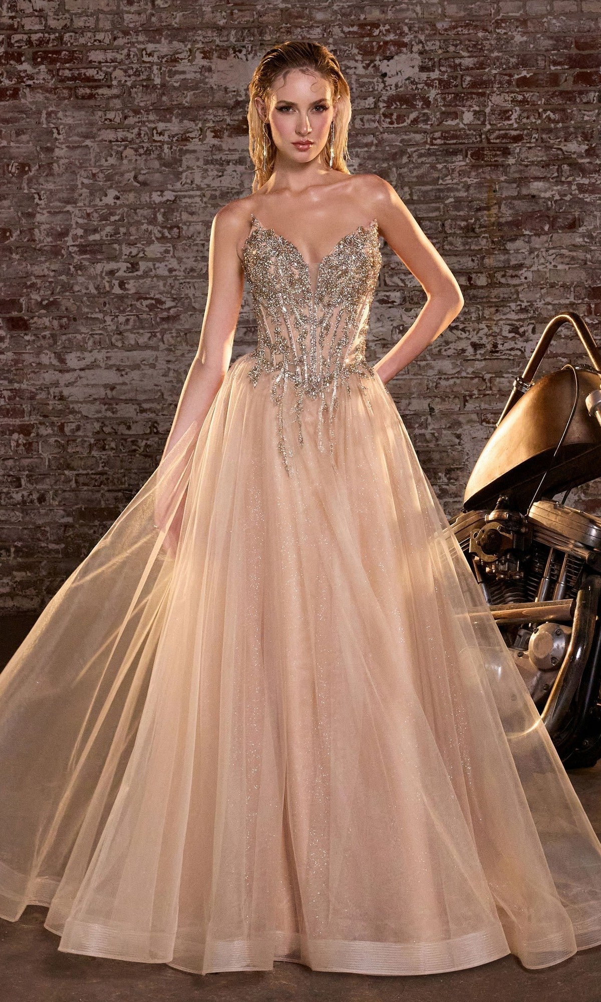 Gold Ladivine Long Formal Dress CD721 - Image